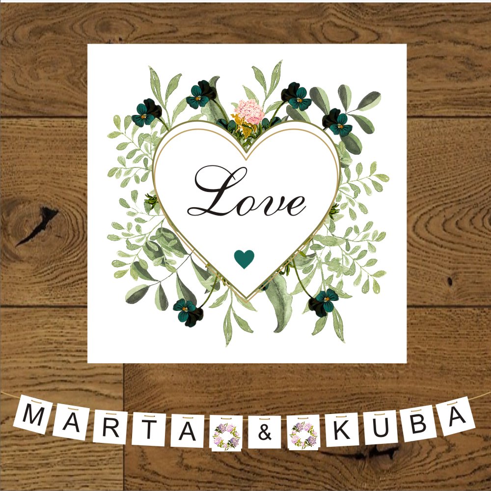 Banery ślubne - Zielone listki , szmaragdowe kwiatki i serce