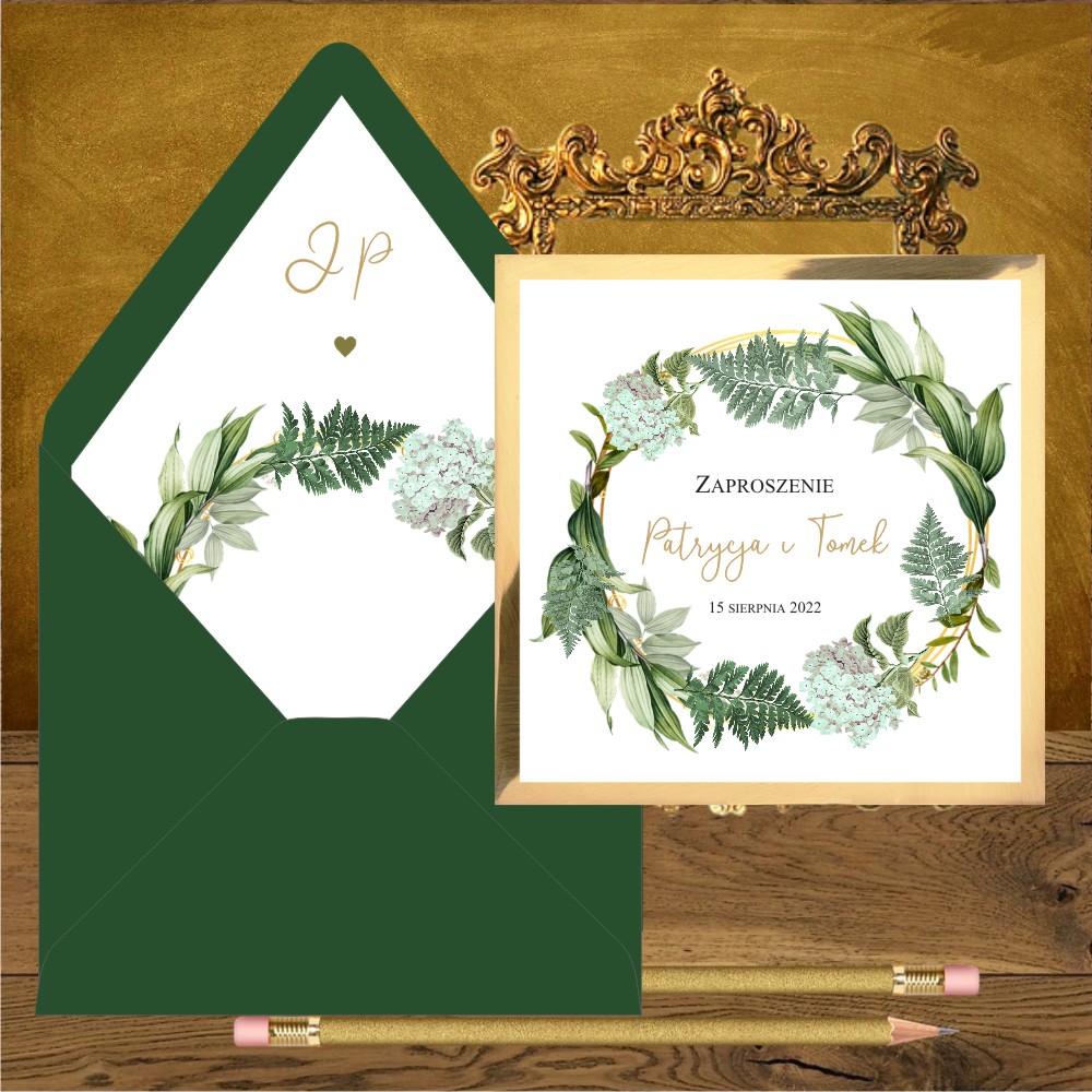 Nowości - Zaproszenia na ślub glamour złoto zielone. Zielony ogród