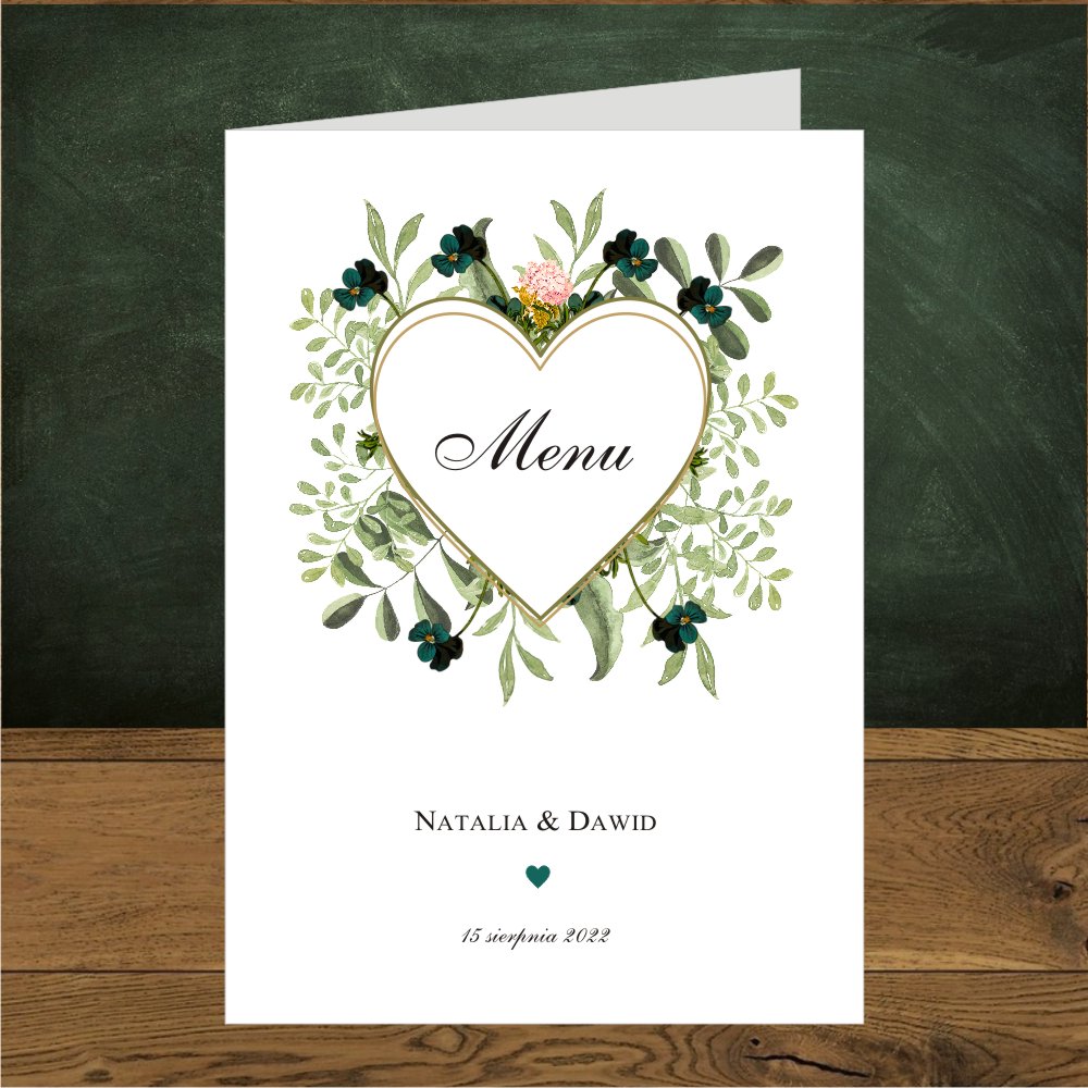 Menu - Zielone listki , szmaragdowe kwiatki i serce