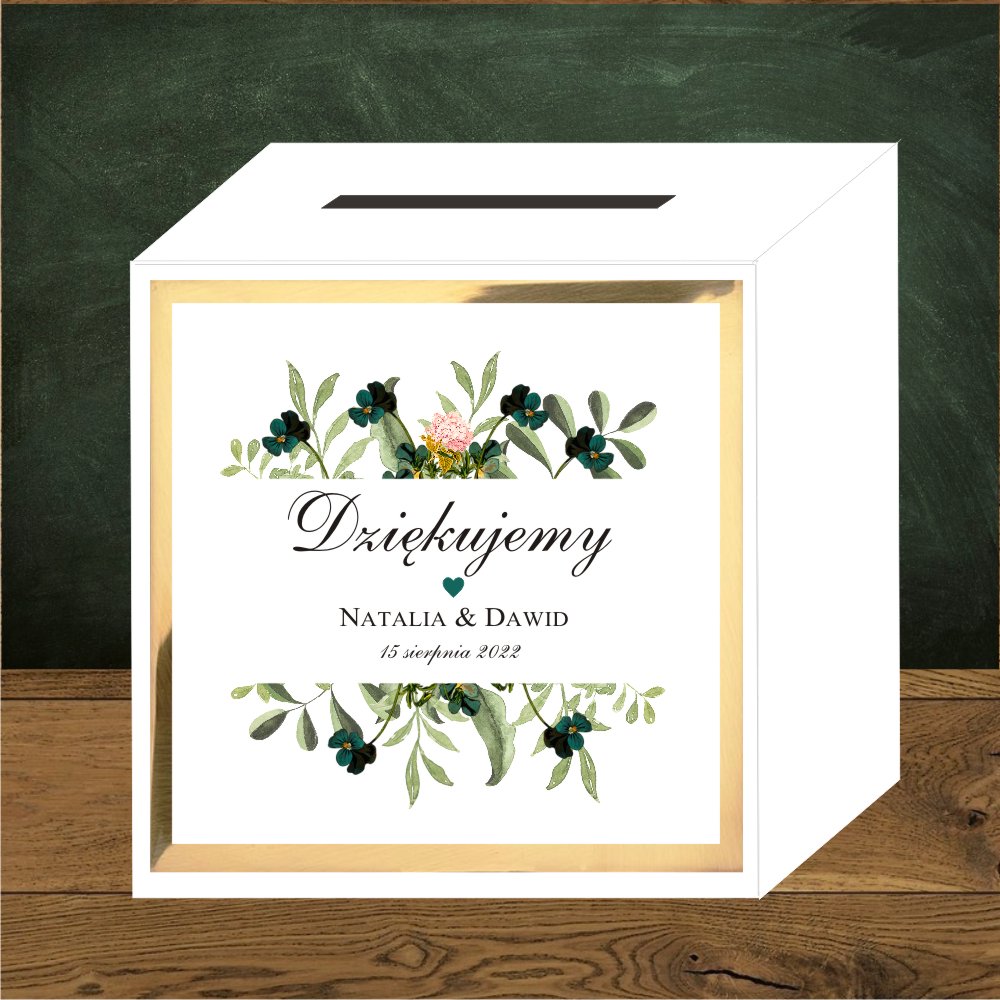 Pudełko na koperty - Pudełko na koperty ślubne. Zielone listki i szmaragdowe kwiatki