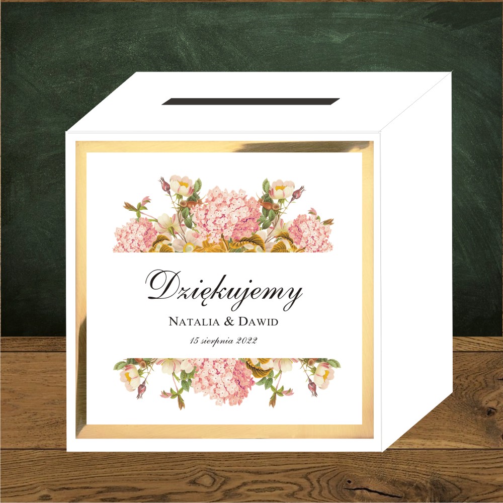 Pudełko na koperty - Hortensje różowe i jaśmin