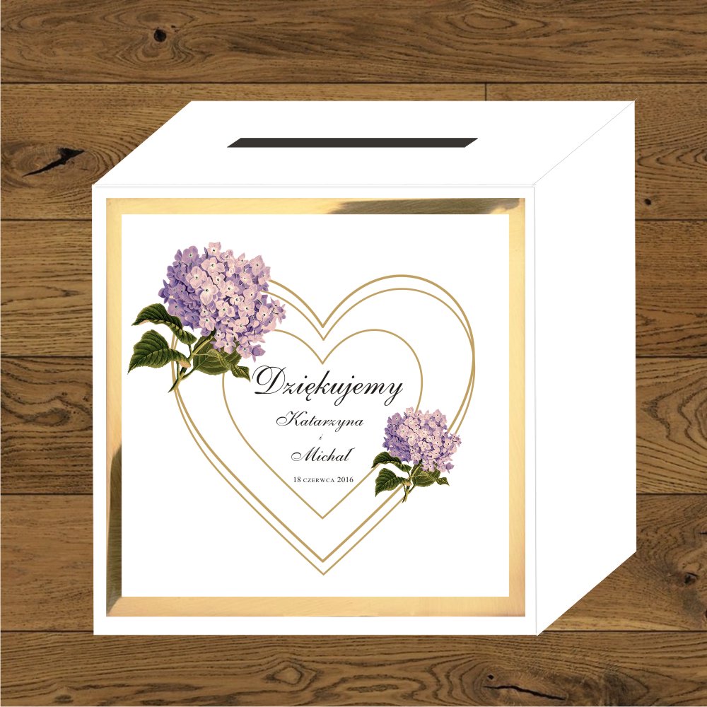 Pudełko na koperty - Hortensje różowe i złote serce. Pudełko na koperty z hortensją w kolorze rózowym