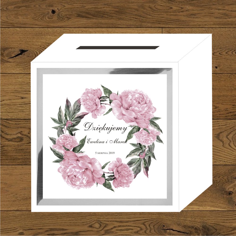 Pudełko na koperty - Piwonie- wianek pastelowy różowy