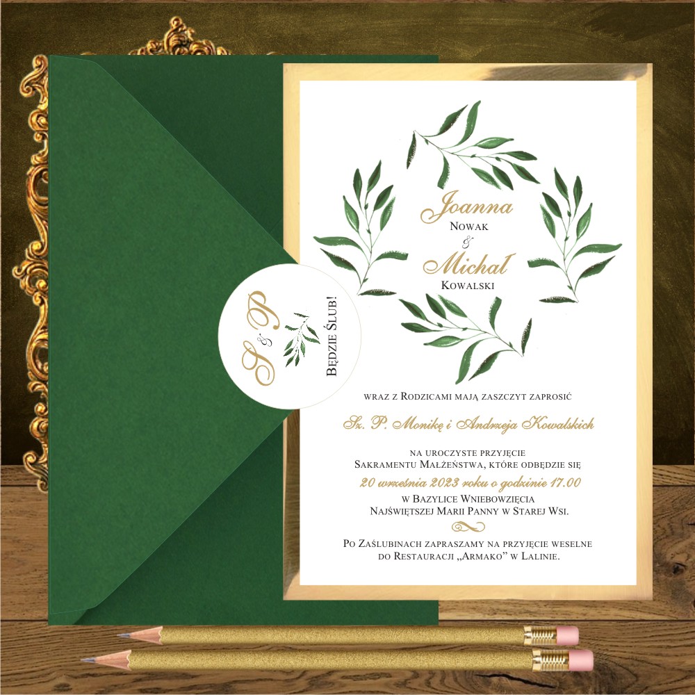 glamour - Zaproszenia ślubne rustykalne zielone gałazki delikatne jednostronne
