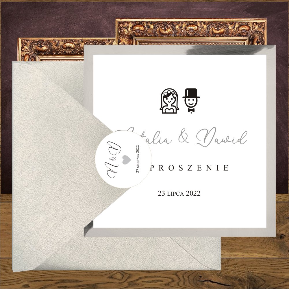 glamour - Zaproszenia ślubne minimalistyczne na wesoło z grafiką Pary Młodej na srebrnym kartoniku Wedding srebro