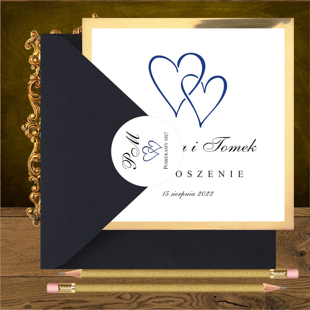 glamour - Zaproszenia ślubne minimalistyczne  granatowo złote z sercami