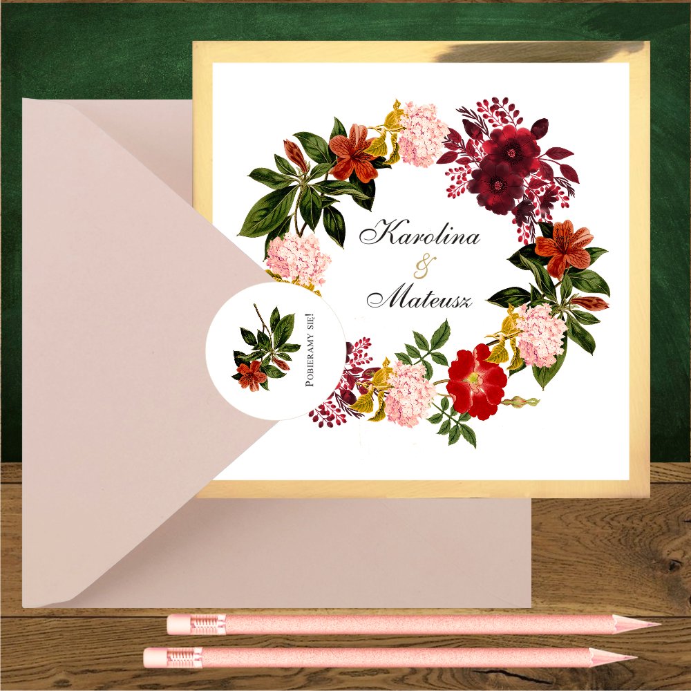Nowości - Zaproszenia ślubne boho na złotym kartoniku, kwadratowe. Wianek kwiaty bordo