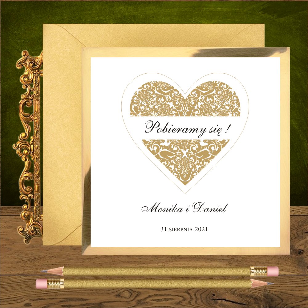 glamour - Zaproszenia ślubne glamour z sercem na złotym kartoniku. Serce złote