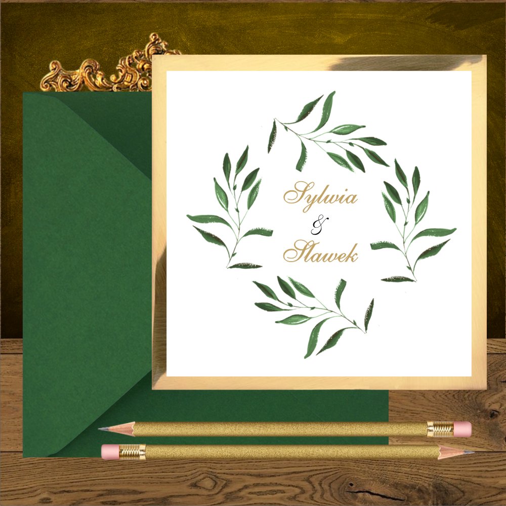 Nowości - Zaproszenia ślubne rustykalne z zielonymi gałązkami na kortoniku złotym mirror. Zielone gałązki delikatne