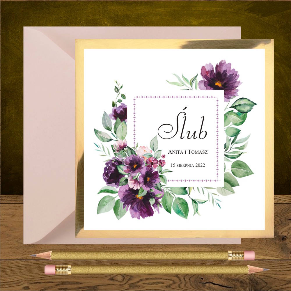 Nowości - Zaproszenia ślubne glamour fioletowe kwiaty