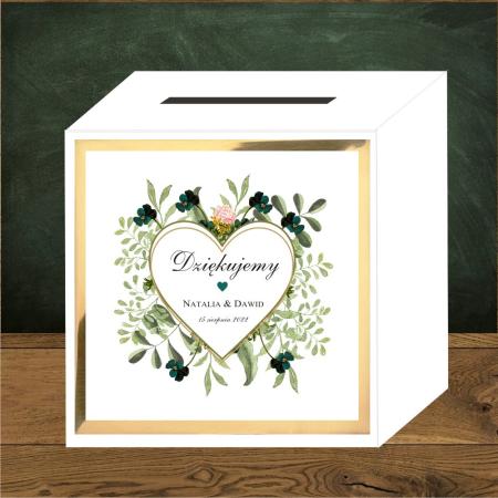 Pudełko na koperty ślubne. Zielone listki , szmaragdowe kwiatki i serce