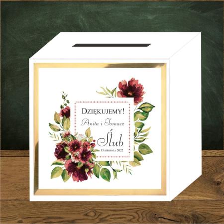 Pudełko na koperty ślubne- Kwiaty bordo i gałązki