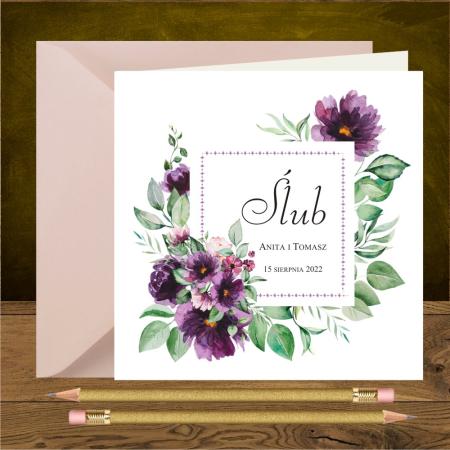Zaproszenia ślubne kwiaty fioletowe i galązki