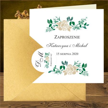 Zaproszenia na wesele rustykalne. Róże beżowe i listeczki ciemna zieleń