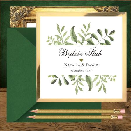 Zaproszenia ślubne złoto zielone rustykalne z elementami glamour. Zielone listki i serduszko mini na mirror