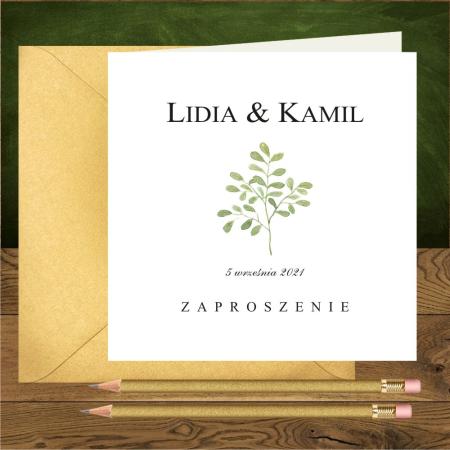 Zaproszenia na ślub z zieloną gałązką, minimalistyczne. Zielone listki i serduszko mini - jedna gałązka w pionie